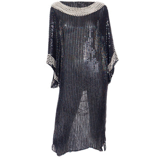 Late 1970s or Early 1980s Pierre Cardin Attr Vintage Beaded Black Dress W Draped Ivory Pearls