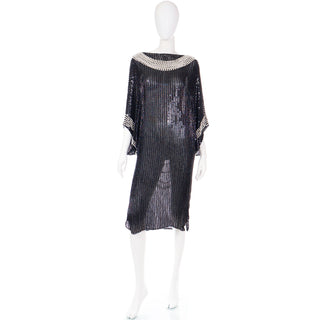 1980s Pierre Cardin Attr Vintage Beaded Black Dress With Draped Ivory Pearls