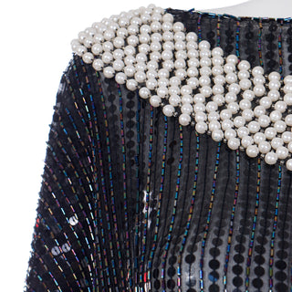 Pierre Cardin Attr Designer Vintage Beaded Black Dress W Draped Ivory Pearls