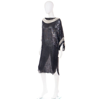1980s Pierre Cardin Attr Vintage Beaded Black Dress W Draped Pearls