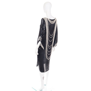 1980s Pierre Cardin Attr Vintage Beaded Black Dress W Draped Ivory Pearls