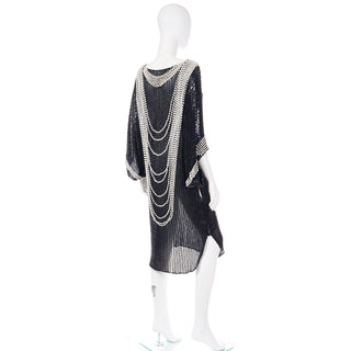 1980s Pierre Cardin Attr Vintage Beaded Black Dress W Draped Ivory Pearls One Size