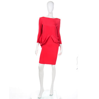1980s Pierre Cardin Vintage Red Silk Dress With Low Plunging Draped Back Small