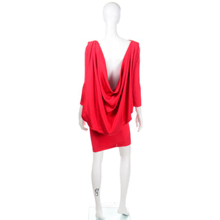1980s Pierre Cardin Vintage Red Silk Dress With Low Plunging Draped Back Dramatic