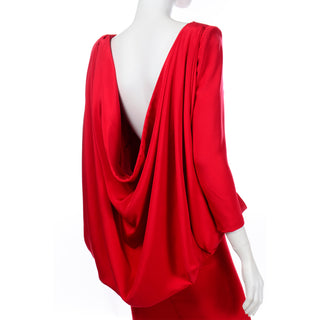 1980s Pierre Cardin Vintage Red Silk Evening Dress With Low Plunging Draped Back