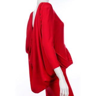 1980s Pierre Cardin Vintage Red Silk Dress With Low Plunging Draped Back Designer Collectible evening dress