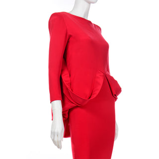 1980s Pierre Cardin Vintage Red Silk Designer Dress With Low Plunging Draped Back 