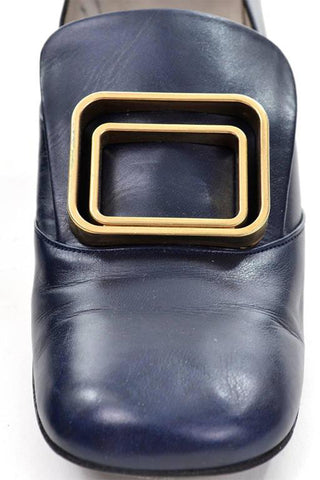 1960s Pierre Cardin Navy Blue Leather Pilgrim Shoes w/ Gold Buckles