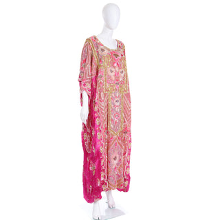 1980s Heavily Beaded Vintage Hot Pink Caftan with gold Beads and pink Sequins