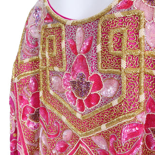 1980s Heavily Beaded Vintage Hot Pink Caftan with Gold Beads Pearls and Sequins
