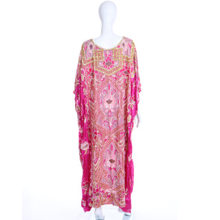 1980s Heavily Beaded Vintage Hot Pink Caftan w Gold Beads and Sequins