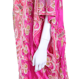 1980s Heavily Beaded Vintage Hot Pink Caftan with Beads Sequins and tiny pearls 