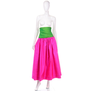 1980s  Vintage Pink and Green Silk Ultra High Waist Long Evening Skirt