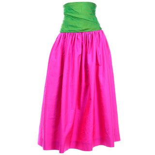 Vintage Pink and Green Silk Ultra High Waist Long Evening Skirt  Pleated Waist