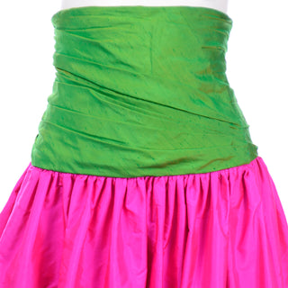 Vintage Pink and Green Silk Ultra High Waist Long Evening Skirt Color Block 1980s