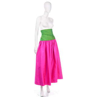 Vintage Pink and Green Silk Ultra High Waist Long Evening Skirt 1980s