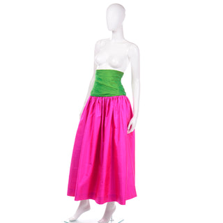 1980s  Vintage Pink and Green Silk Ultra High Waist Long Evening Skirt color block