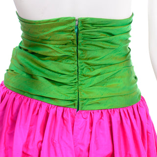 Vintage Pink and Green Silk Ultra High Waist Long Evening Skirt Ruched