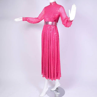 1960's Norman Norell Pink Silk Vintage Dress w/ Silver Sequins & Sheer Sleeves