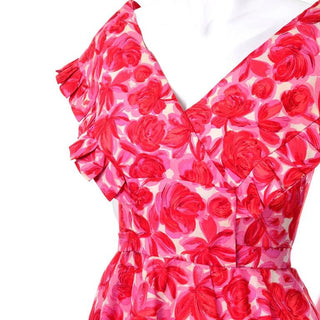 1960s Red and Pink Rose Print Silk Vintage Dress