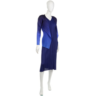 Blue Issey Miyake Pleats Please Dress with pointed short sleeves & Ombre Jacket