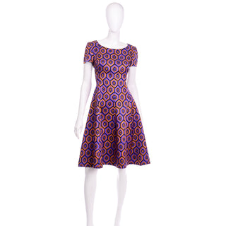 Prada Silk Blend Purple & Orange Hexagon Print Dress Short Sleeves
