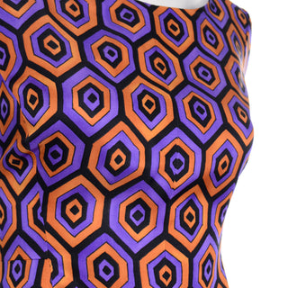 Prada Short Sleeve Silk Blend Purple & Orange Hexagon Print Dress