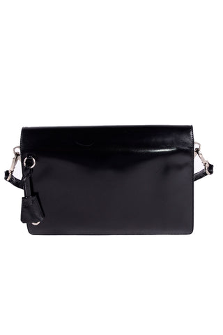 Vintage 1990s Prada Black Leather Vitello Sound flap handbag w Dust Bag & Wallet