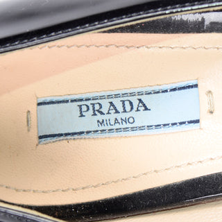 Prada Black Patent Leather Low Heel Pumps w Silver Monogrammed Buckle 40 Made in Italy