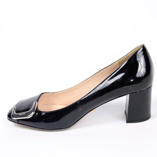 Prada Black Patent Leather Low Heel Pumps w Silver Monogrammed Buckle 40 chunky heel