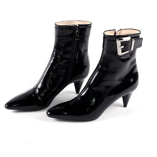 Prada Black Patent Leather Boots W Cone Heels & Silver Buckles Size 8.5