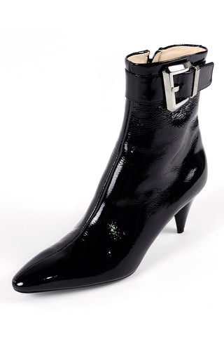 Prada Black Patent Leather Booties w/ Cone Heels Size 38.5