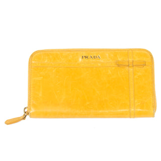 Prada Mustard Yellow Leather Vintage Zip Around Bow Wallet