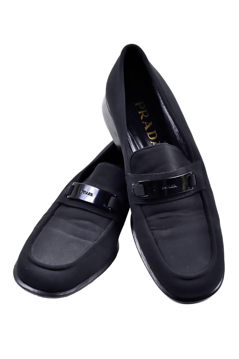 1990's Prada Vintage Shoes Black Loafers w/ Plastic Logo Buckle Sz
