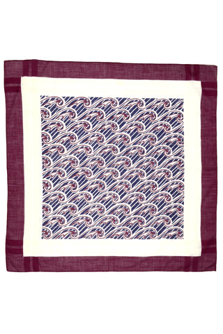 1970s Maroon & Blue Square Cotton Scarf w/ Wave Patterns