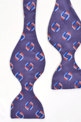 Pale Purple Vintage Silk Bow Tie Orange and Blue Folded Circle Pattern - Dressing Vintage