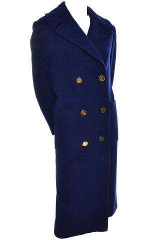 Vintage I Magnin France Blue Wool Knit Double Breasted Coat Racine Fabric - Dressing Vintage