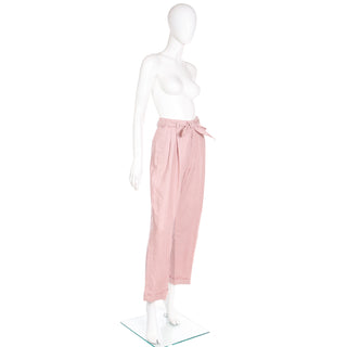 1980s Ralph Lauren Mauve Pink Linen High Waisted Trousers w Tie Sash Belt Size Medium