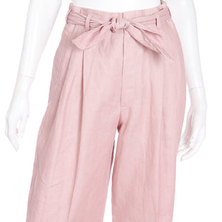 1980s Ralph Lauren Mauve Pink Linen High Waisted Trousers w Tie Sash Belt Made in USA