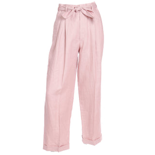 1980s Ralph Lauren Mauve Pink Linen High Waisted Wide Leg Trousers w Tie Sash Belt