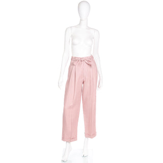 1980s Ralph Lauren Mauve Pink Linen High Waisted Trousers w Tie Sash Belt 8