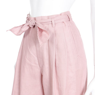 1980s Ralph Lauren Mauve Pink Linen High Waisted Trousers w Tie Sash Belt and pockets