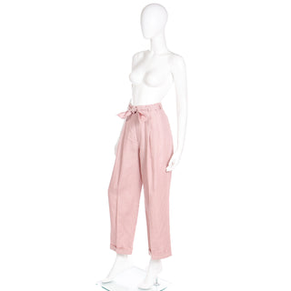 1980s Ralph Lauren Mauve Pink Linen High Waisted Trousers w Tie Sash Belt Size M