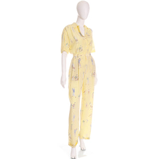 2 piece 1980s Ralph Lauren Silk Pants & Blouse Outfit in Yellow Golfers Print