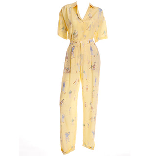 100% Silk 1980s Ralph Lauren Silk Pants & Blouse Outfit in Yellow Golfers Print