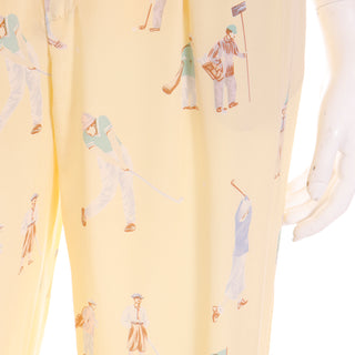 1980s Ralph Lauren Silk Pants & Blouse Outfit in Yellow Vintage Golfers Print