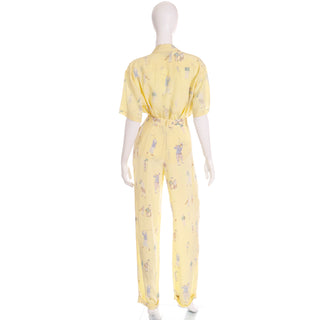 1980s Ralph Lauren Silk Pants & Blouse Outfit in Yellow Golfers Novelty Print