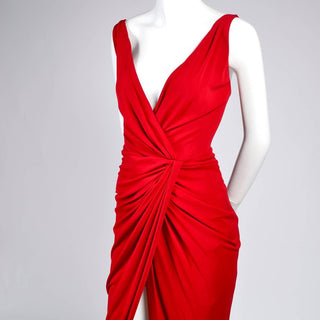 1990s Randolph Duke Red Dress Draped Body Hugging Jersey Vintage Evening Gown - Dressing Vintage