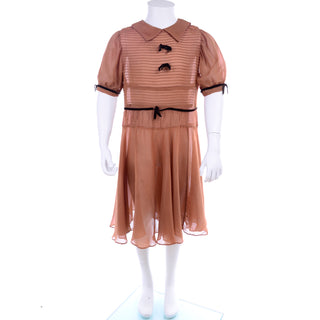 1920s Brown Silk Girls Dress With Velvet Bows