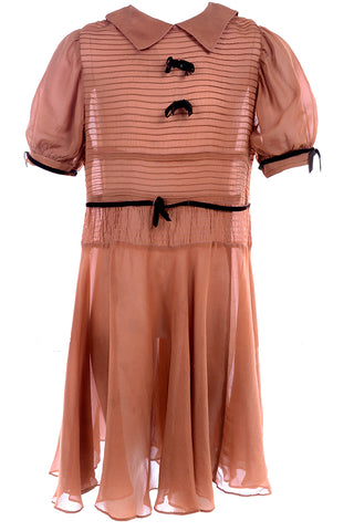 1920s Brown Silk Girls Dress With Velvet Bows